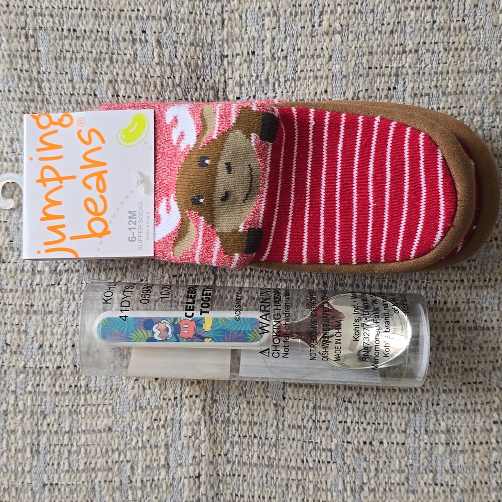 DISNEY AND JUMPING BEANS BABY BUNDLE OF SLIPPER SOCKS AND UTENSILS SET